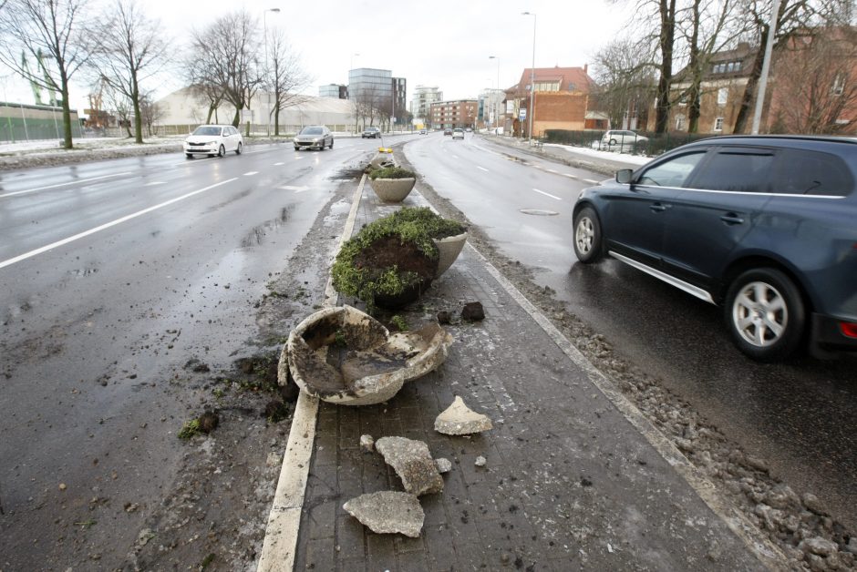 Po girtų vairuotojų „ralio“ liko suniokoti gėlių vazonai ir kelio ženklai