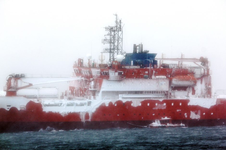 Išlaisvintas ant seklumos Antarktidoje per pūgą užplaukęs ledlaužis