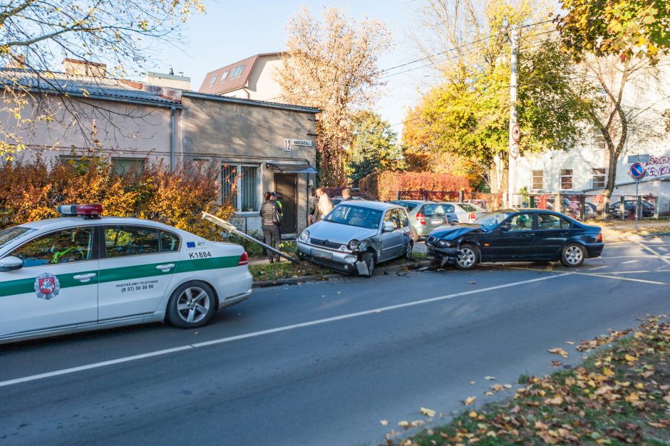 Po BMW ir „Volkswagen“ susidūrimo kliuvo ir kelio ženklui