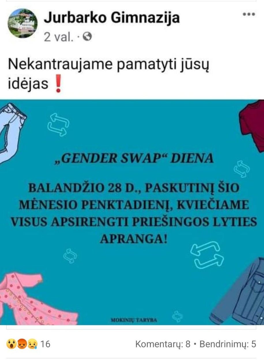 Tokio akibrokšto dar nėra buvę: gimnazija mokinius kvietė apsirengti priešingos lyties rūbais