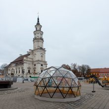 Rotušės aikštėje jau kyla kalėdinės eglės karkasas: įžiebimas – po savaitės