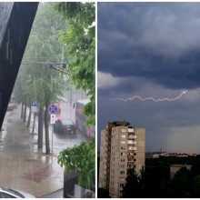 Kaune gatves plauna smarkus lietus, griaudėja perkūnija