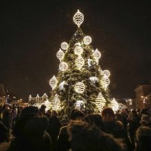 Vilniaus Rotušės aikštėje įžiebta elegantiška eglutė, į gatves išvažiavo traukinukas