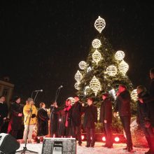 Vilniaus Rotušės aikštėje įžiebta elegantiška eglutė, į gatves išvažiavo traukinukas