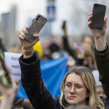 Keli šimtai žmonių prie Vokietijos ambasados ragino Berlyną atsibusti dėl karo Ukrainoje