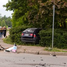 Po avarijos BMW skriejo į krūmus: kaltas šakomis užėjęs kelio ženklas?