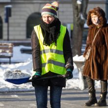 Paramos nesulaukiantys kultūrininkai prie Vyriausybės kasė sniegą