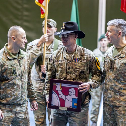 JAV rotacinių pajėgų batalionų Lietuvoje pasikeitimo ceremonija  © I. Gelūno / BNS nuotr.