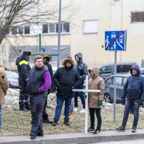 Prieš pieno supirkimo kainas sukilę ūkininkai prie didžiųjų prekybos centrų stato kryžius  © I. Gelūno / Fotobanko nuotr.