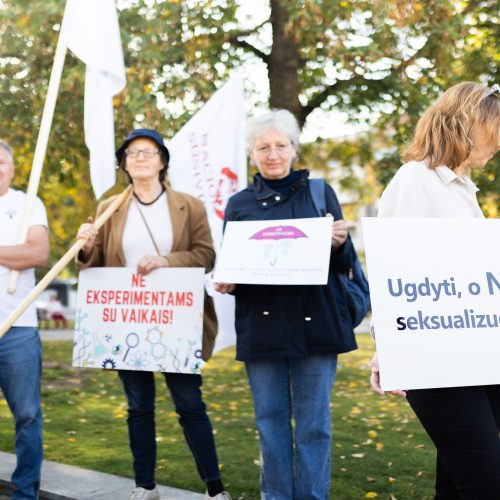 Protestas „Stabdykime gyvenimo įgūdžių ugdymo programą: NE ideologijai švietime!“  © S. Lisausko / BNS nuotr.