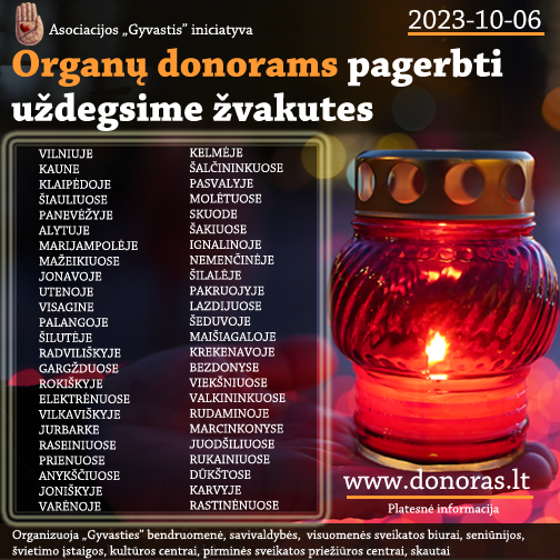 Penktadienį Lietuvos miestuose ir miesteliuose  bus degamos žvakutės organų donorams atminti