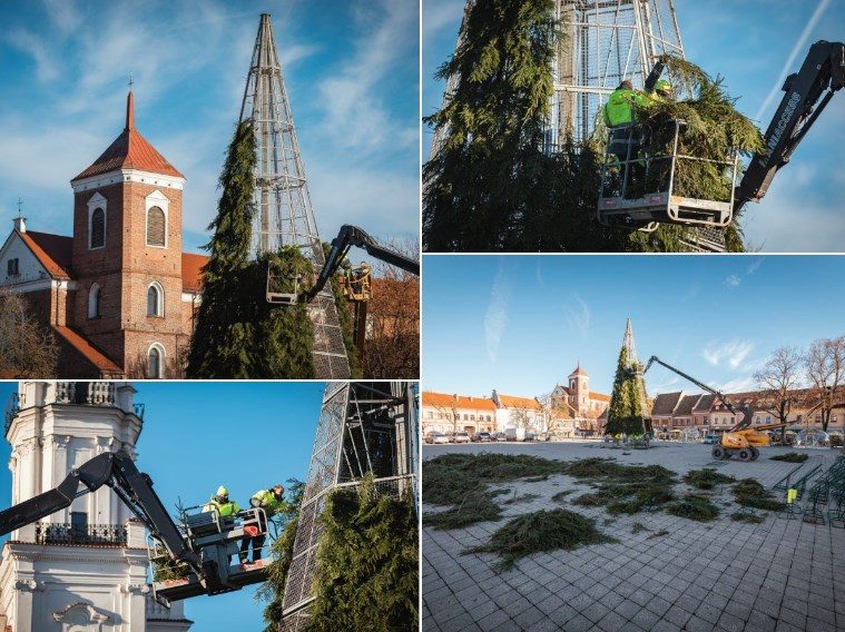 Kalėdinė eglutė Kauno Rotušės aikštėje įgauna formą