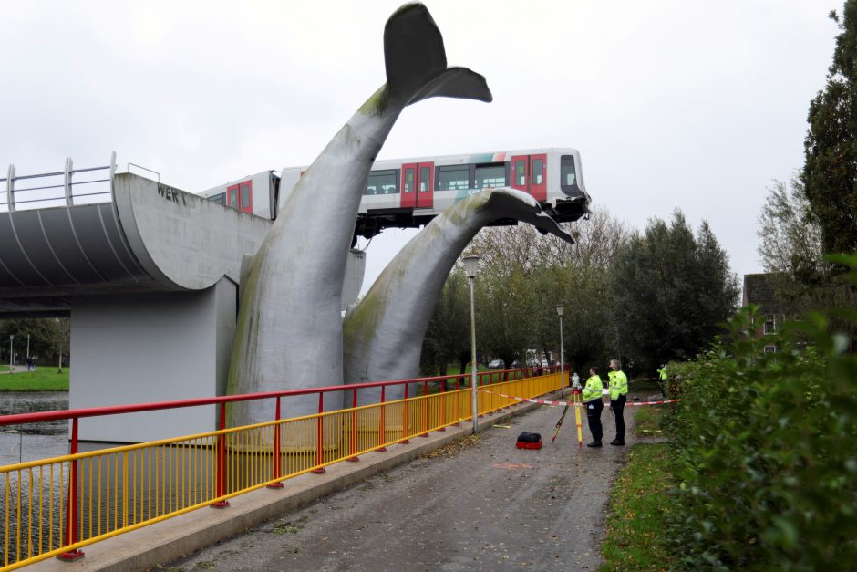 Nyderlanduose nukeltas ant banginio uodegos skulptūros užšokęs traukinys