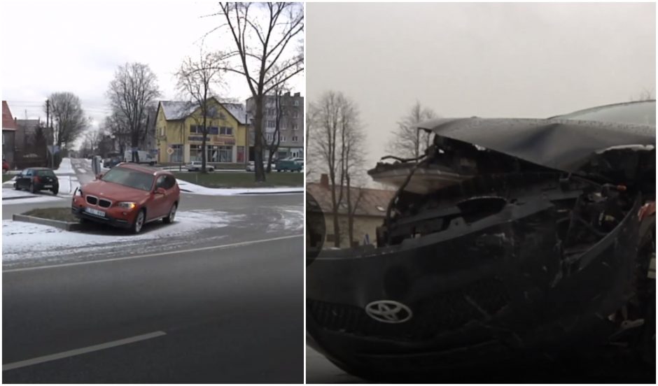 Per avariją BMW pakibo ant saugumo salelės, o „Toyota“ atsidūrė ant šaligatvio