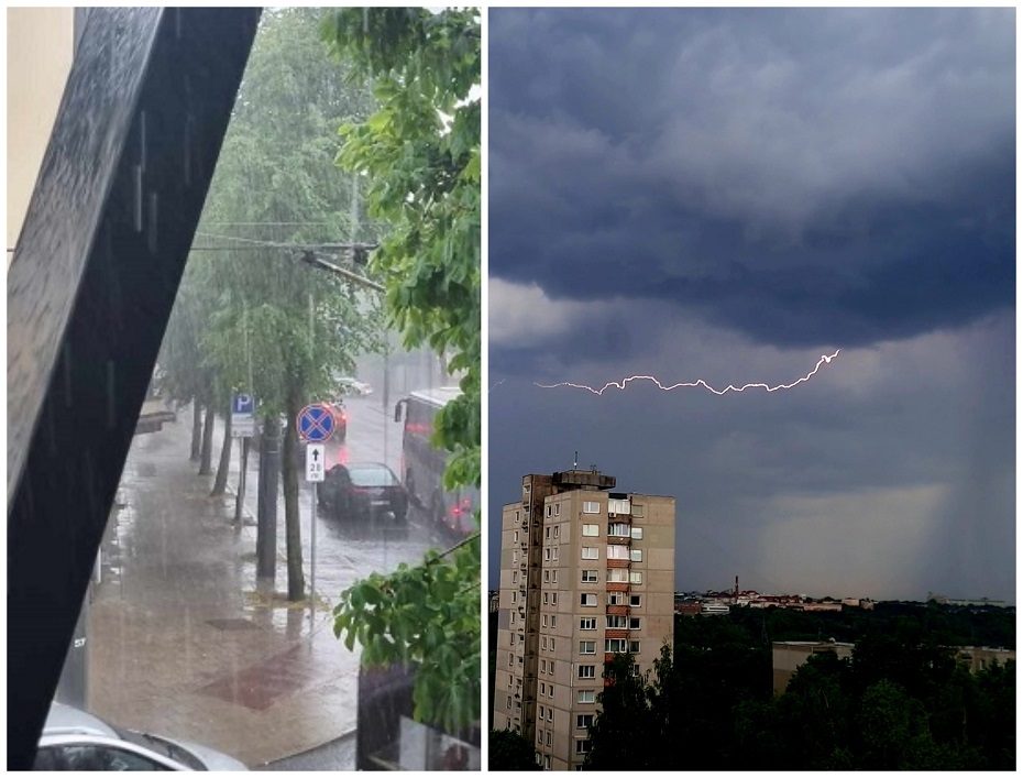 Kaune gatves plauna smarkus lietus, griaudėja perkūnija