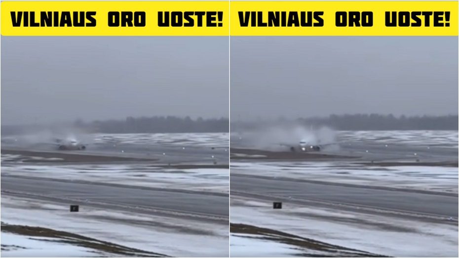 Plinta vaizdai, kaip Vilniaus oro uoste nuo tako nuslydo orlaivis