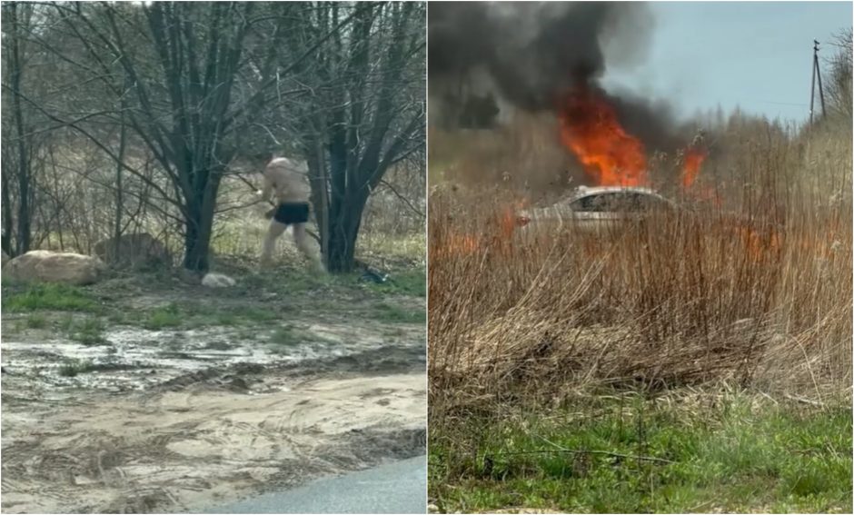 Tragikomedija Vilniuje: vyras nuvažiavo nuo kelio, padegė BMW ir pusnuogis pabėgo