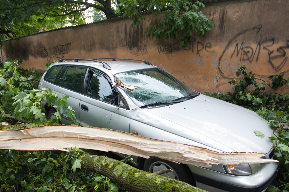 Nuostoliai po audros: medžių apgadinti automobiliai, žaibai sukėlė gaisrų