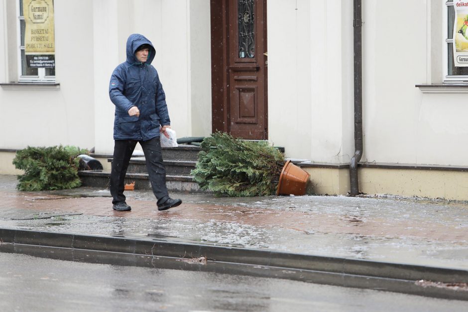 Naktį Klaipėdoje vėjas blaškė šiukšlių konteinerius, sudaužė stotelės stiklus