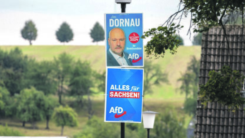  Politika: šiemet Saksonijos žemės rinkimuose už AfD balsavo 30,6 proc. rinkėjų. Nuotraukoje – J. Dornau rinkimų plakatas.