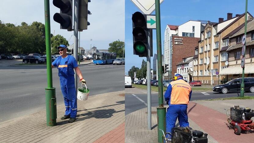 Darbai: mieste perdažomi dalies gatvių apšvietimo stulpai.