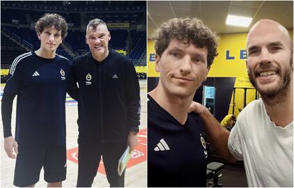 Pažintys: A. Aleksandravičius – su „Fenerbahce“ strategu Š. Jasikevičiumi ir krepšinio žvaigžde N. Calathesu.