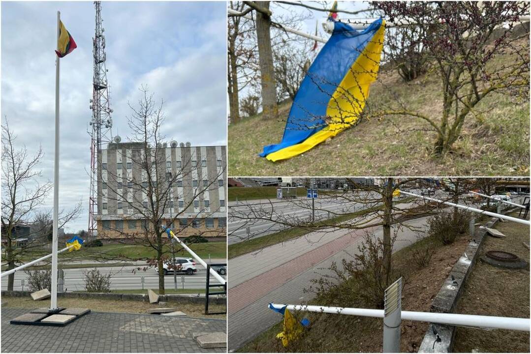 Mažeikiuose – vandalizmo atvejis: nuversti vėliavų stiebai su Ukrainos vėliavomis