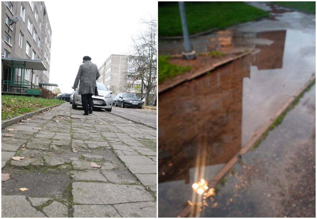 Skundai: Debreceno gatvės gyventojai prašo valdininkų pagaliau suremontuoti šaligatvius. Bandužių gatvėje ne pirmus metus po vandeniu atsiduria pėsčiųjų takas.