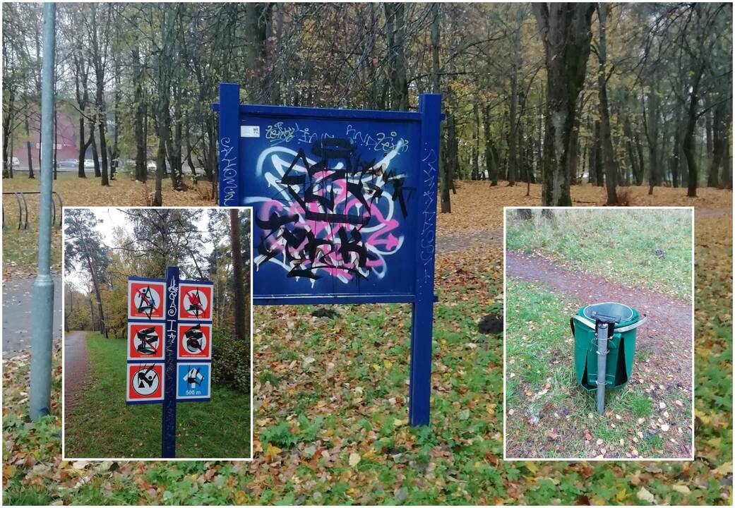 Vandalizmas: Poilsio parke vėl suniokotas inventorius – šiukšliadėžės, suoliukai, informaciniai stendai.