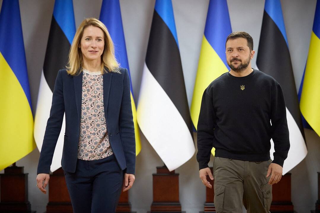 Iš kairės: Estijos ministrė pirmininkė Kaja Kallas ir Ukrainos prezidentas Volodymyras Zelenskis.