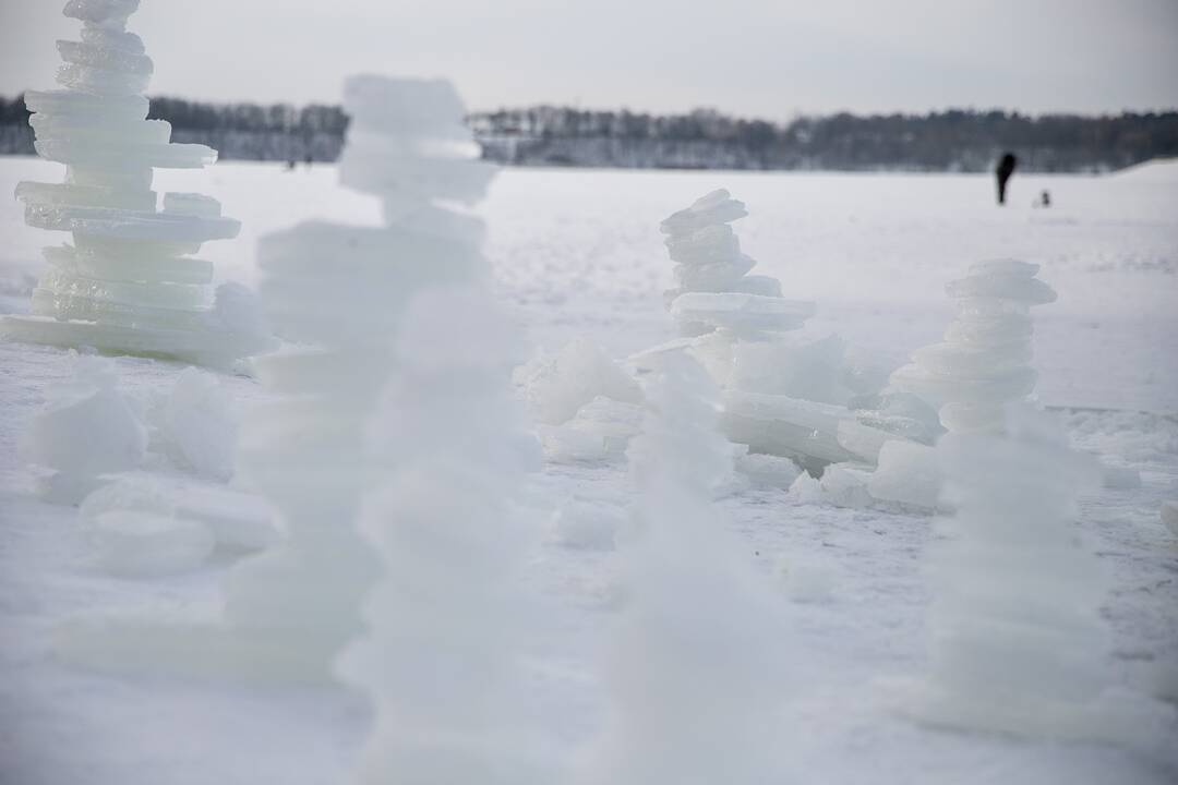 Kauno marių pakrantę nuklojo ledo bokštų skulptūros