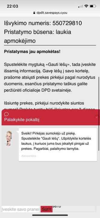 Priedanga: sukčiai nurodė, kad jie esą pervedė pinigus DPD, o kai kurjeris paims prekes, bus sumokėta pardavėjui.