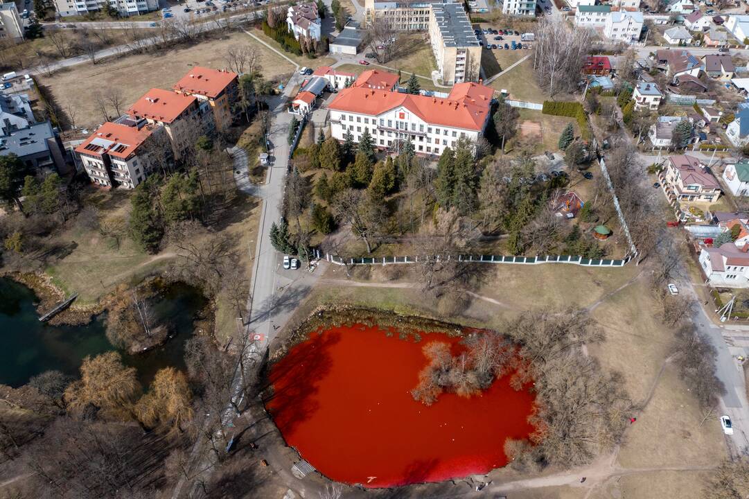 Prie Rusijos ambasados tvenkinys nudažytas raudona spalva