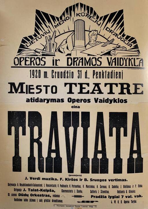 Scena i6 G. Verdi operos „Traviata“, 1920 m. Valstybės teatras Kaune. Centre stovi A. Galaunienė (Violeta), sėdi – K. Petrauskas (Alfredas)