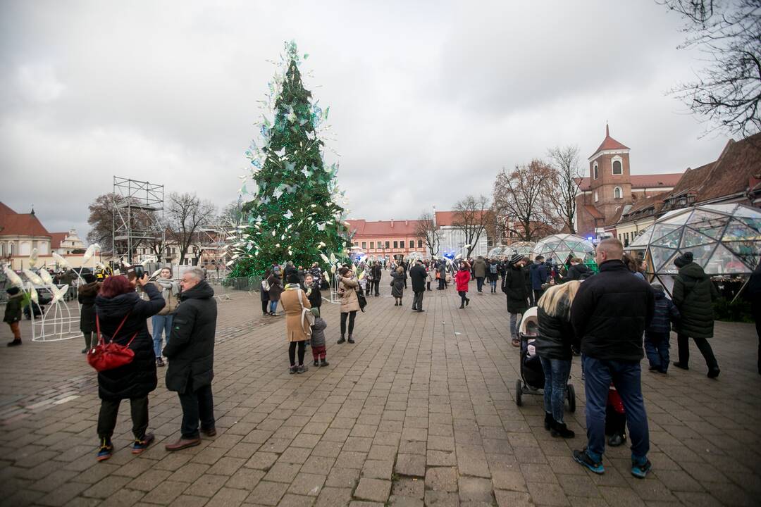 Sekmadienio dieną kauniečiai apžiūrinėja Kalėdų eglę