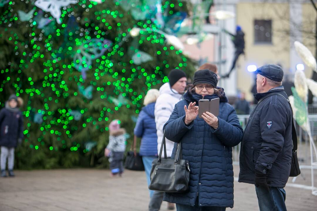 Sekmadienio dieną kauniečiai apžiūrinėja Kalėdų eglę