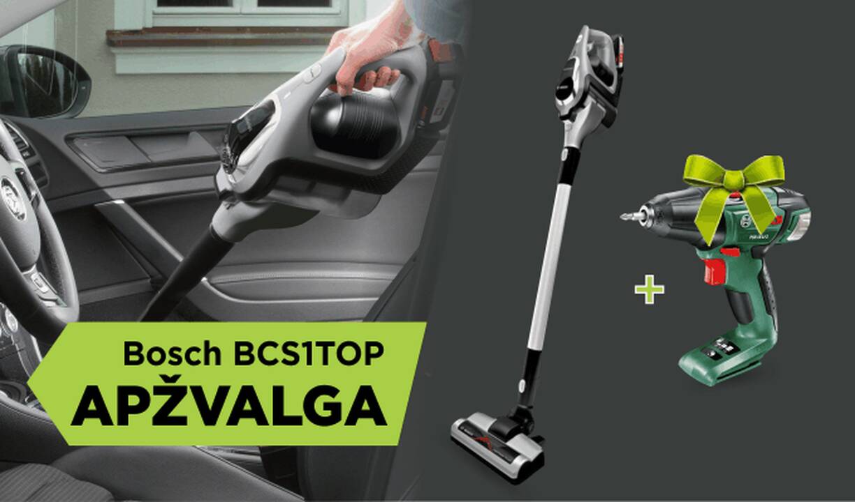 Analogų neturintis belaidis dulkių siurblys „Bosch BCS1TOP“ (apžvalga)