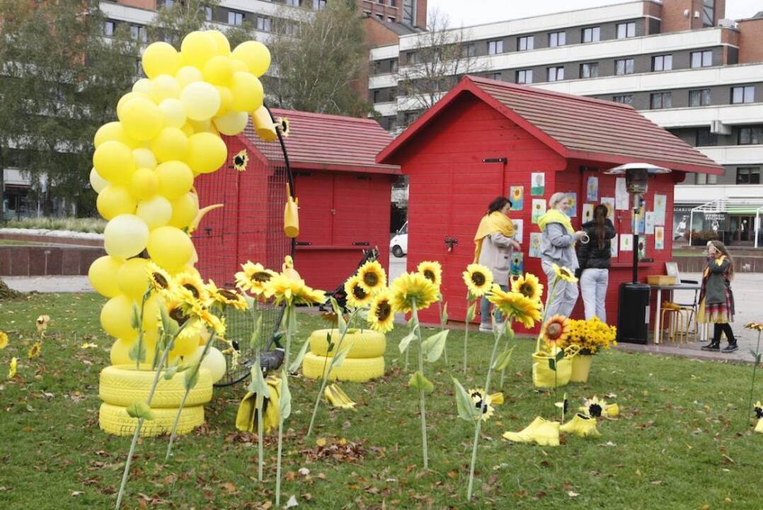 Renginys: trys Klaipėdos aikštės vakar švietė saulėgrąžų instaliacijomis – taip paminėta Pasaulinė hospisų ir paliatyviosios pagalbos diena.