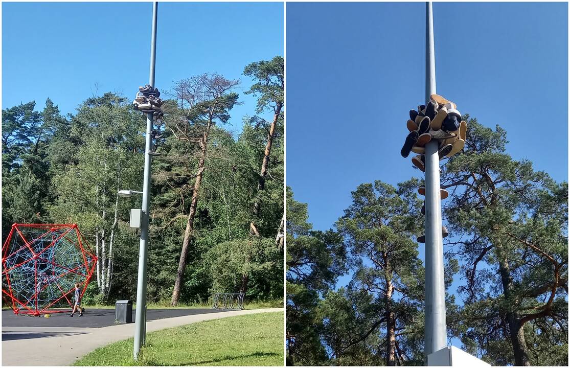 Užmetė: šalia riedlenčių parko stebėjimo kameros stulpas jau kurį laiką aplipdytas batais.