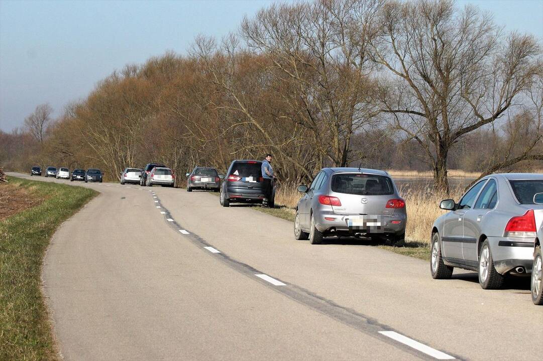 Pramogos: Rusnės gyventojai kas rytą stebi kelių dešimčių automobilių eilę prie Atmatos upės, kur vyrai laiką leidžia žvejodami.