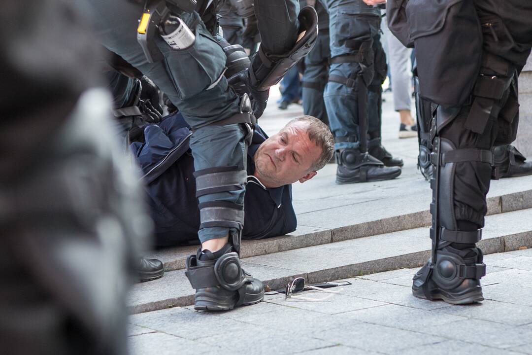 Dalis mitinguotojų iš Katedros aikštės patraukė link Seimo