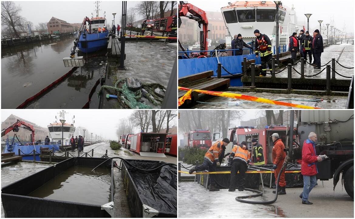 Darbai: per išeigines avarijos padarinius likviduojantys darbuotojai surinko apie 18 kubinių metrų teršalų ir nemažai naftos produktais užterštų meldų.
