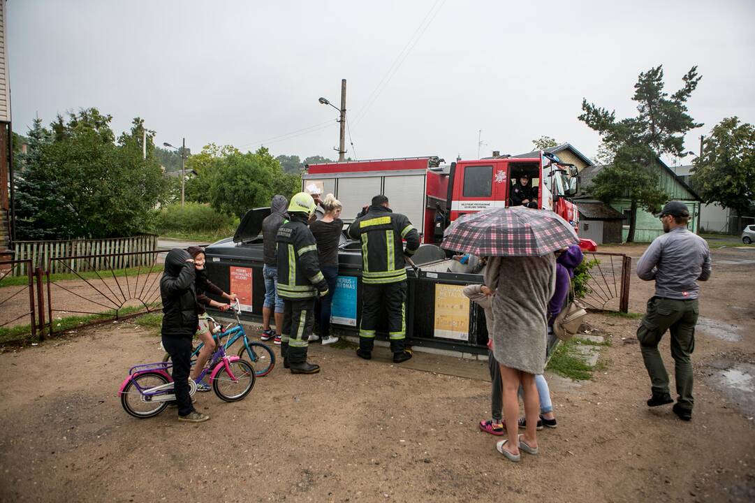 Bevaisė į konteinerį išmesto šunelio gelbėjimo operacija