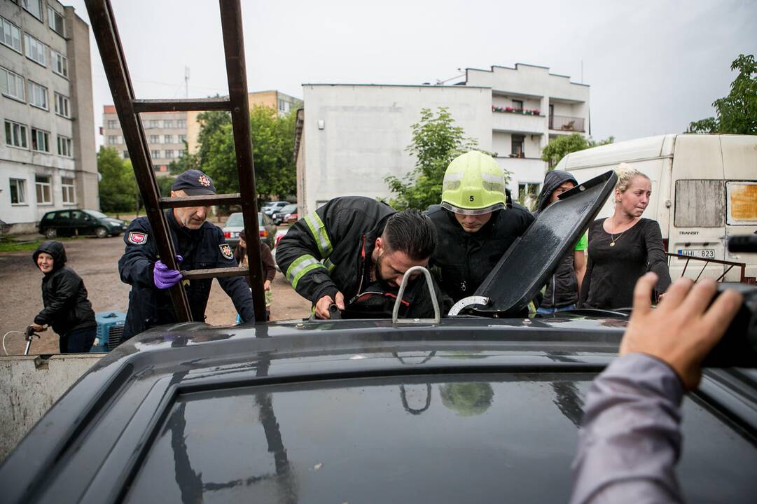 Bevaisė į konteinerį išmesto šunelio gelbėjimo operacija
