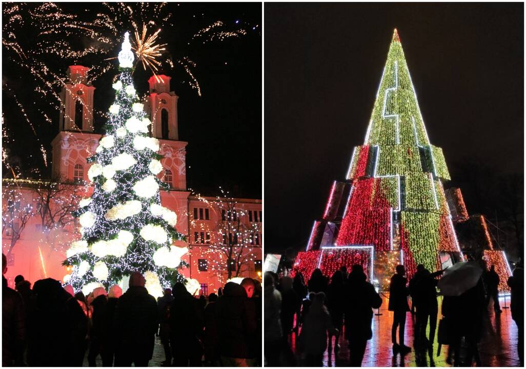 Kauno Kalėdų eglė (kairėje) ir Vilniaus Kalėdų eglė (dešinėje)