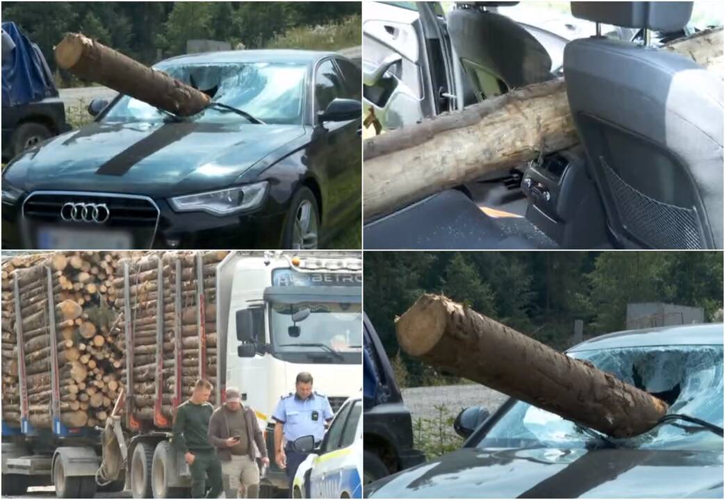 Per plauką nuo tragedijos: milžiniškas rąstas įsmigo į automobilį