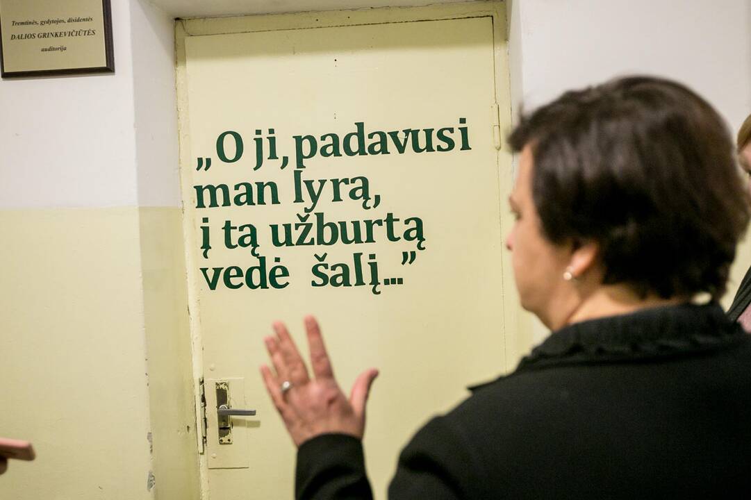 Ženklai: kone ant visų gimnazijos durų užklijuotos ištraukos iš skirtingų Maironio eilių.