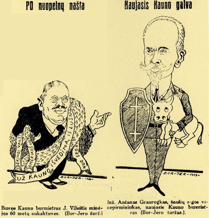 Aktualija: kauliukais, kuriais galima laimėti burmistro vietą, žaidžia – L.Kagano karikatūroje atpažįstamas Jonas Vileišis, Petras Aravičius, Stasys Digrys ir Leiba Chodosas.