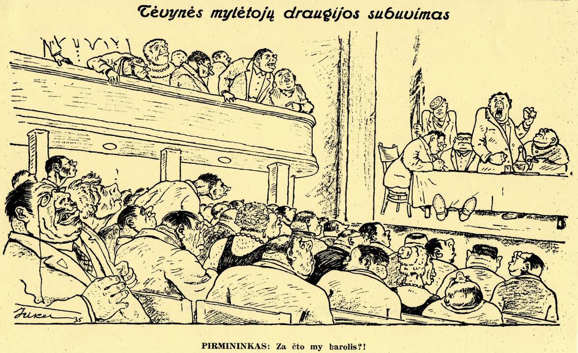 Aktualija: kauliukais, kuriais galima laimėti burmistro vietą, žaidžia – L.Kagano karikatūroje atpažįstamas Jonas Vileišis, Petras Aravičius, Stasys Digrys ir Leiba Chodosas.