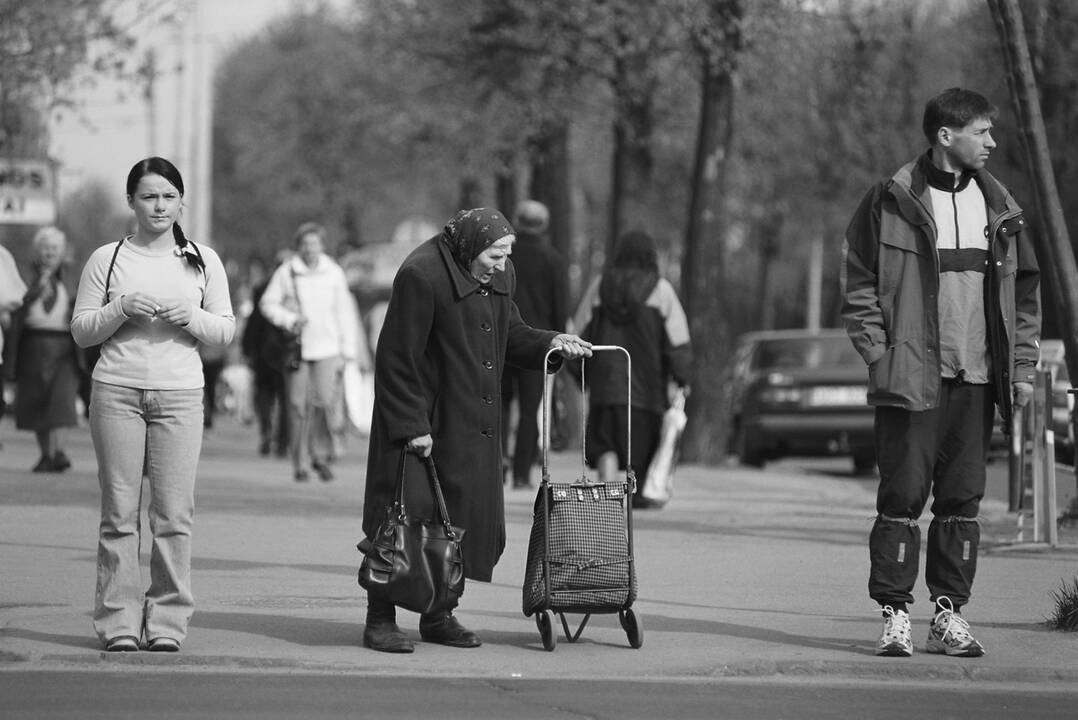 Viltys: į fotografo kadrą pateko ir Vilniuje užrašo ant tvoros „2004 05 01“ fone, su šluota stovinti šlavėja. Prisidengusi akis, ji žiūri į saulę – lyg į šviesų rytojų.